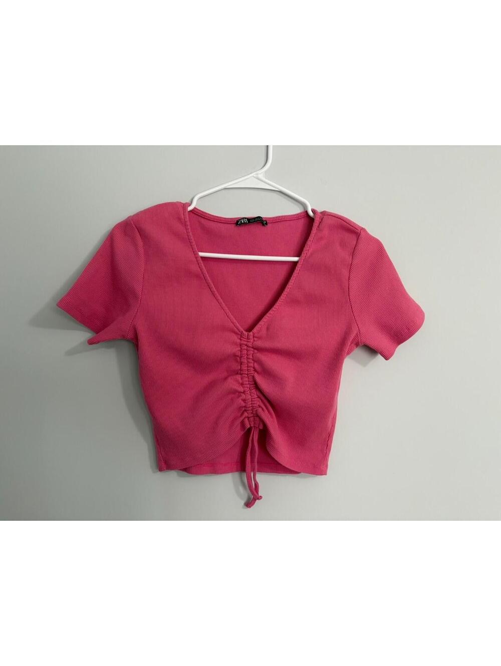 ZARA Womens Top Size Large Cropped Ribbed Cinched V-neck Pink Short Sleeves